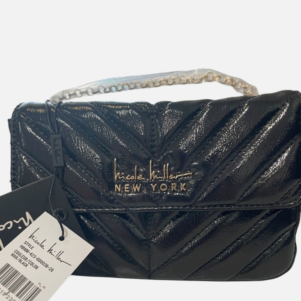 Nicole Miller New York Black Quilted Crossbody Bag with Gold-Tone Chain Strap